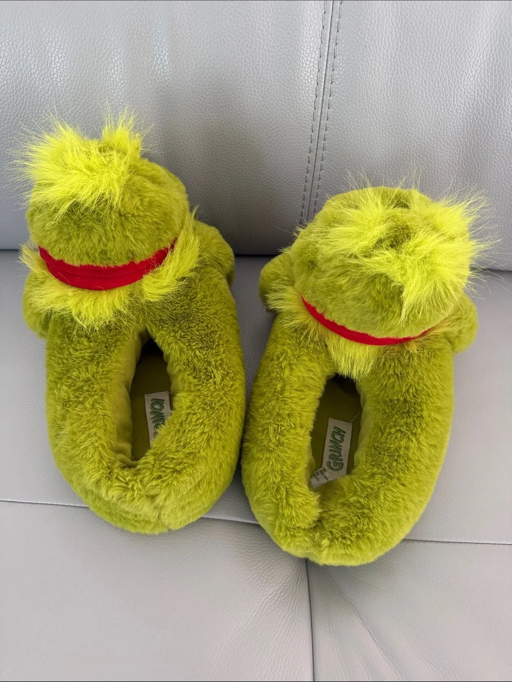 Kids Plush Grinch-Inspired Green Cozy Slippers with Red Scarf Detail